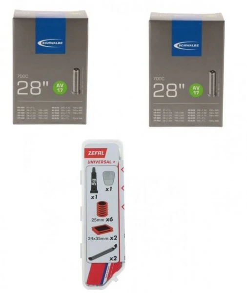 2 X Schwalbe Schlauch AV17 28x1.10-1.75" (28/47-622/635) + 1x Reparatur-Set Universal Zefal 8 Flicke