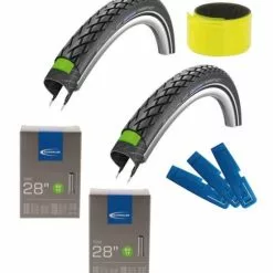 Schwalbe 2x MARATHON GreenGuard 28x1.75 + 2x AV17 Schlauch + Reifenheber + Reflexband